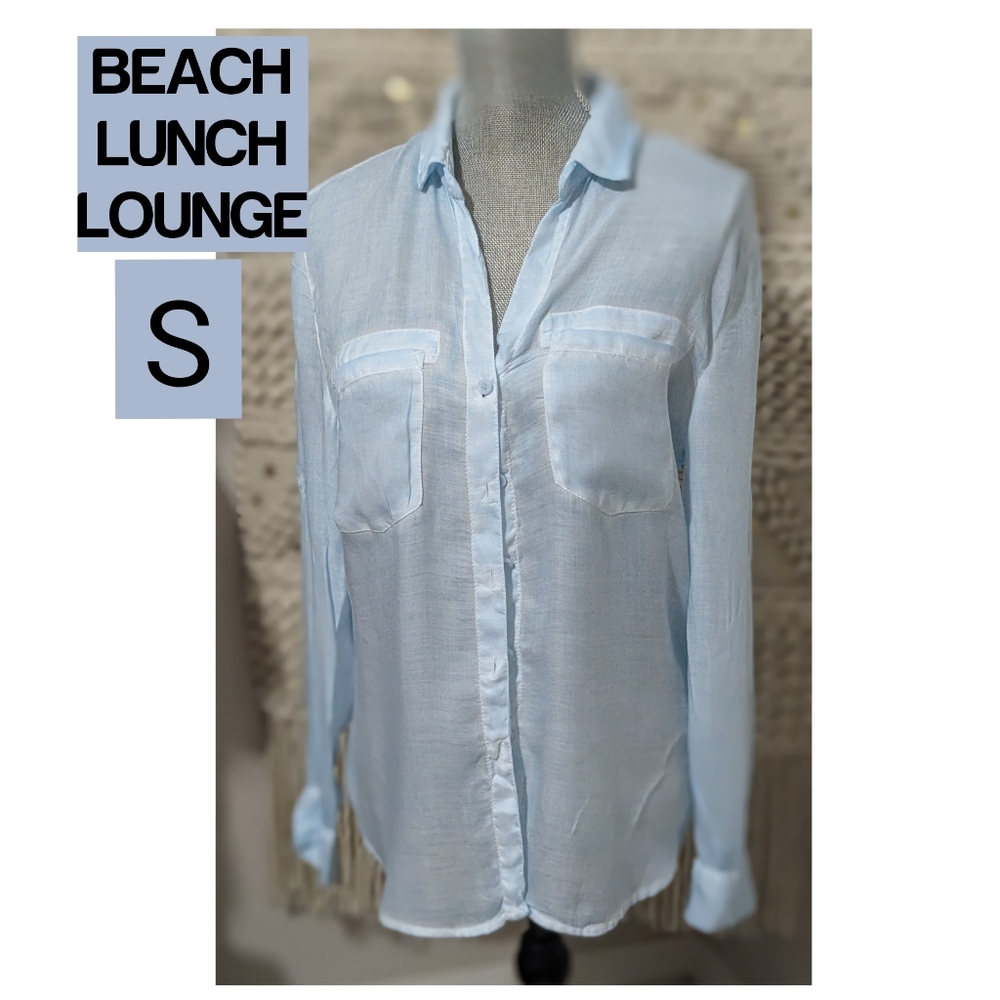 Beach Lunch Lounge Women Top Blouse Shirt Size S Aqua Blue Button Up Collared-2